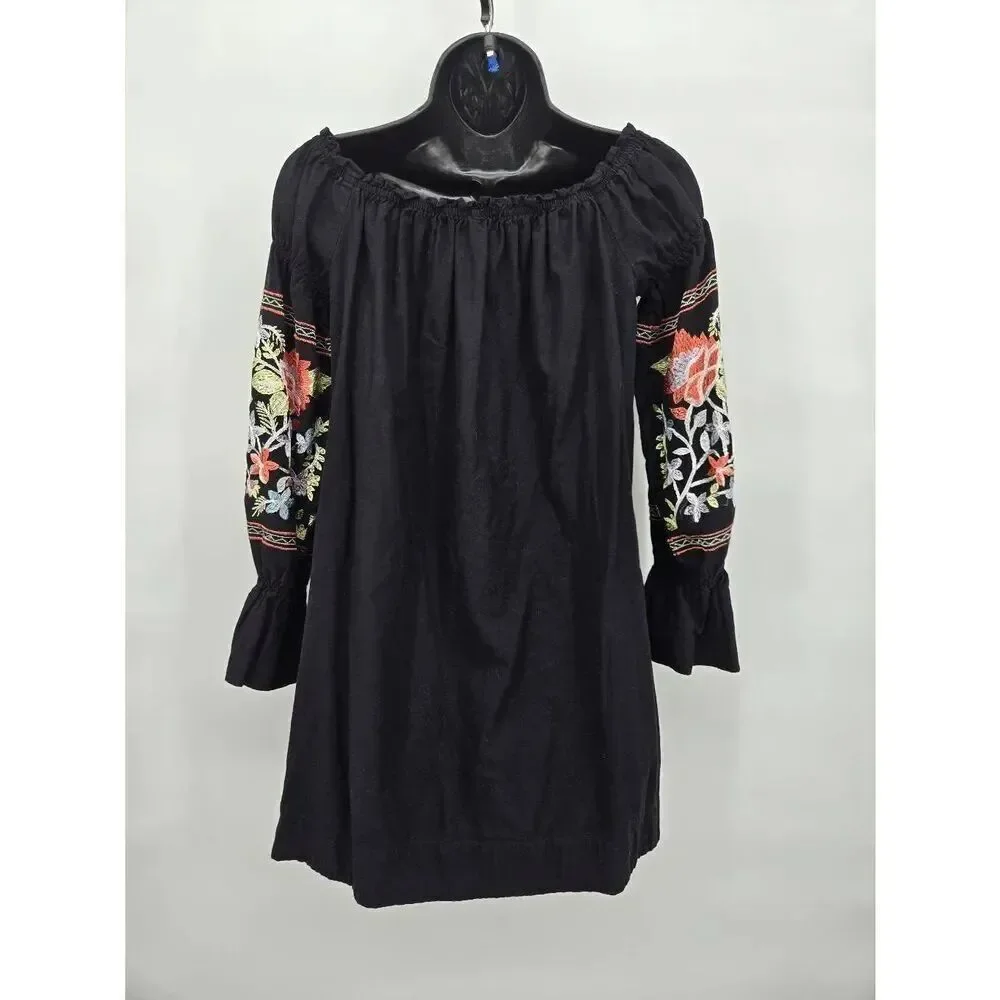 Free People Fluer Du Jour Dress Size XS Black Embroidered Floral Boho Summer